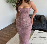 Niulatu Mermaid Strapless Tulle Pink Long Evening Dress Prom Dresses With Beads SD2073