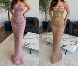 Niulatu Mermaid Strapless Tulle Pink Long Evening Dress Prom Dresses With Beads SD2073