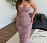 Niulatu Mermaid Strapless Tulle Pink Long Evening Dress Prom Dresses With Beads SD2073