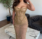 Niulatu Mermaid Strapless Tulle Pink Long Evening Dress Prom Dresses With Beads SD2073