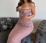 Niulatu Mermaid Strapless Tulle Pink Long Evening Dress Prom Dresses With Beads SD2073