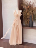 Niulatu A Line Halter Ruffled Chiffon Long Women's Holiday Dresses SD207