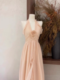 Niulatu A Line Halter Ruffled Chiffon Long Women's Holiday Dresses SD207