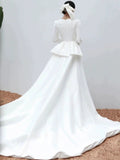 Niulatu Ball Gown Scoop Neckline Long Sleeves White Satin Wedding Dresses SD2080