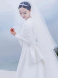 Niulatu Ball Gown Scoop Neckline Long Sleeves White Satin Wedding Dresses SD2080