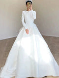 Niulatu Ball Gown Scoop Neckline Long Sleeves White Satin Wedding Dresses SD2080