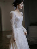 Niulatu A Line Square Neckline Sequin Pleats Long Sleeves Wedding Dresses SD2082
