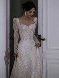 Niulatu A Line Square Neckline Sequin Pleats Long Sleeves Wedding Dresses SD2082