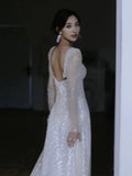 Niulatu A Line Square Neckline Sequin Pleats Long Sleeves Wedding Dresses SD2082