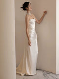 Niulatu Mermaid Strapless Pleats Long White Satin Wedding Dresses SD2083