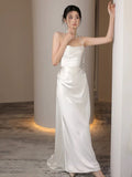 Niulatu Mermaid Strapless Pleats Long White Satin Wedding Dresses SD2083