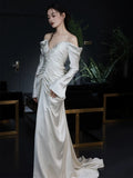 Niulatu Mermaid Off The Shoulder Pleats Long Sleeves Satin Wedding Dresses SD2084