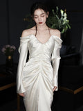 Niulatu Mermaid Off The Shoulder Pleats Long Sleeves Satin Wedding Dresses SD2084