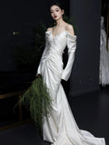 Niulatu Mermaid Off The Shoulder Pleats Long Sleeves Satin Wedding Dresses SD2084