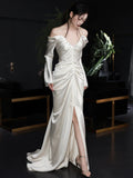 Niulatu Mermaid Off The Shoulder Pleats Long Sleeves Satin Wedding Dresses SD2084