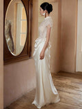 Niulatu Mermaid High Neckline Pearls Pleats Long White Satin Wedding Dresses SD2085