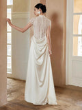 Niulatu Mermaid High Neckline Pearls Pleats Long White Satin Wedding Dresses SD2085