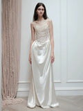 Niulatu Mermaid One Shoulder Pearls Pleats Long White Satin Wedding Dresses SD2086