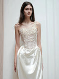 Niulatu Mermaid One Shoulder Pearls Pleats Long White Satin Wedding Dresses SD2086