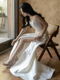 Niulatu Mermaid Strapless Pleats Long White Satin Wedding Dresses Brides Dress SD2087