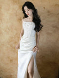 Niulatu Mermaid Strapless Pleats Long White Satin Wedding Dresses Brides Dress SD2087