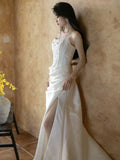 Niulatu Mermaid Strapless Pleats Long White Satin Wedding Dresses Brides Dress SD2087