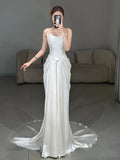 Niulatu Mermaid Strapless Pleats Long White Satin Lace Wedding Dresses Brides Dress SD2088