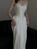 Niulatu Mermaid Strapless Pleats Long White Satin Lace Wedding Dresses Brides Dress SD2088