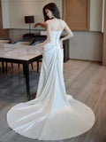 Niulatu Mermaid Strapless Pleats Long White Satin Lace Wedding Dresses Brides Dress SD2088