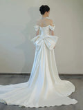 Niulatu Mermaid Off The Shoulder Pleats Short Sleeves Satin Wedding Dresses SD2089