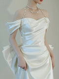 Niulatu Mermaid Off The Shoulder Pleats Short Sleeves Satin Wedding Dresses SD2089