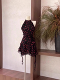 Niulatu A Line Halter Ruffled Chiffon Black Flora Women's Holiday Dresses SD208