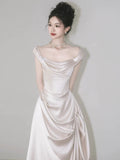 Niulatu Mermaid Off The Shoulder Pleats Short Sleeves Satin Ivory Wedding Dresses SD2090