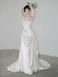Niulatu Mermaid Off The Shoulder Pleats Short Sleeves Satin Ivory Wedding Dresses SD2090