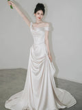 Niulatu Mermaid Off The Shoulder Pleats Short Sleeves Satin Ivory Wedding Dresses SD2090