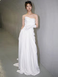 Niulatu Mermaid Sweetheart Pleats White Satin Ruffles Wedding Dresses SD2091