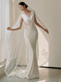 Niulatu Mermaid V Neckline Lace Pleats White Satin Ruffles Wedding Dresses SD2092