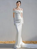 Niulatu Mermaid Off The Shoulder Pleats Satin Wedding Dresses Brides Dress SD2093