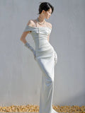 Niulatu Mermaid Off The Shoulder Pleats Satin Wedding Dresses Brides Dress SD2093