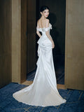 Niulatu Mermaid Off The Shoulder Pleats Satin Wedding Dresses Brides Dress SD2095