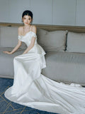 Niulatu Mermaid Off The Shoulder Pleats Satin Wedding Dresses Brides Dress SD2095