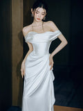 Niulatu Mermaid Off The Shoulder Pleats Satin Wedding Dresses Brides Dress SD2095