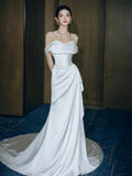 Niulatu Mermaid Off The Shoulder Pleats Satin Wedding Dresses Brides Dress SD2095