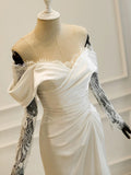 Niulatu Mermaid Off The Shoulder Pleats Satin Long Sleeves Wedding Dresses Brides Dress SD2096