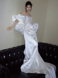 Niulatu Mermaid Strapless Lace Pleats White Satin Ruffles Wedding Dresses SD2097