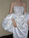 Niulatu Mermaid Strapless Lace Pleats White Satin Ruffles Wedding Dresses SD2097