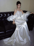 Niulatu Mermaid Strapless Lace Pleats White Satin Ruffles Wedding Dresses SD2097