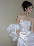 Niulatu Mermaid Strapless Lace Pleats White Satin Ruffles Wedding Dresses SD2097