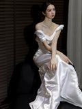 Niulatu Mermaid Off The Shoulder Pleats Satin Short Sleeves Wedding Dresses Brides Dress SD2098