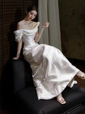 Niulatu Mermaid Off The Shoulder Pleats Satin Short Sleeves Wedding Dresses Brides Dress SD2098